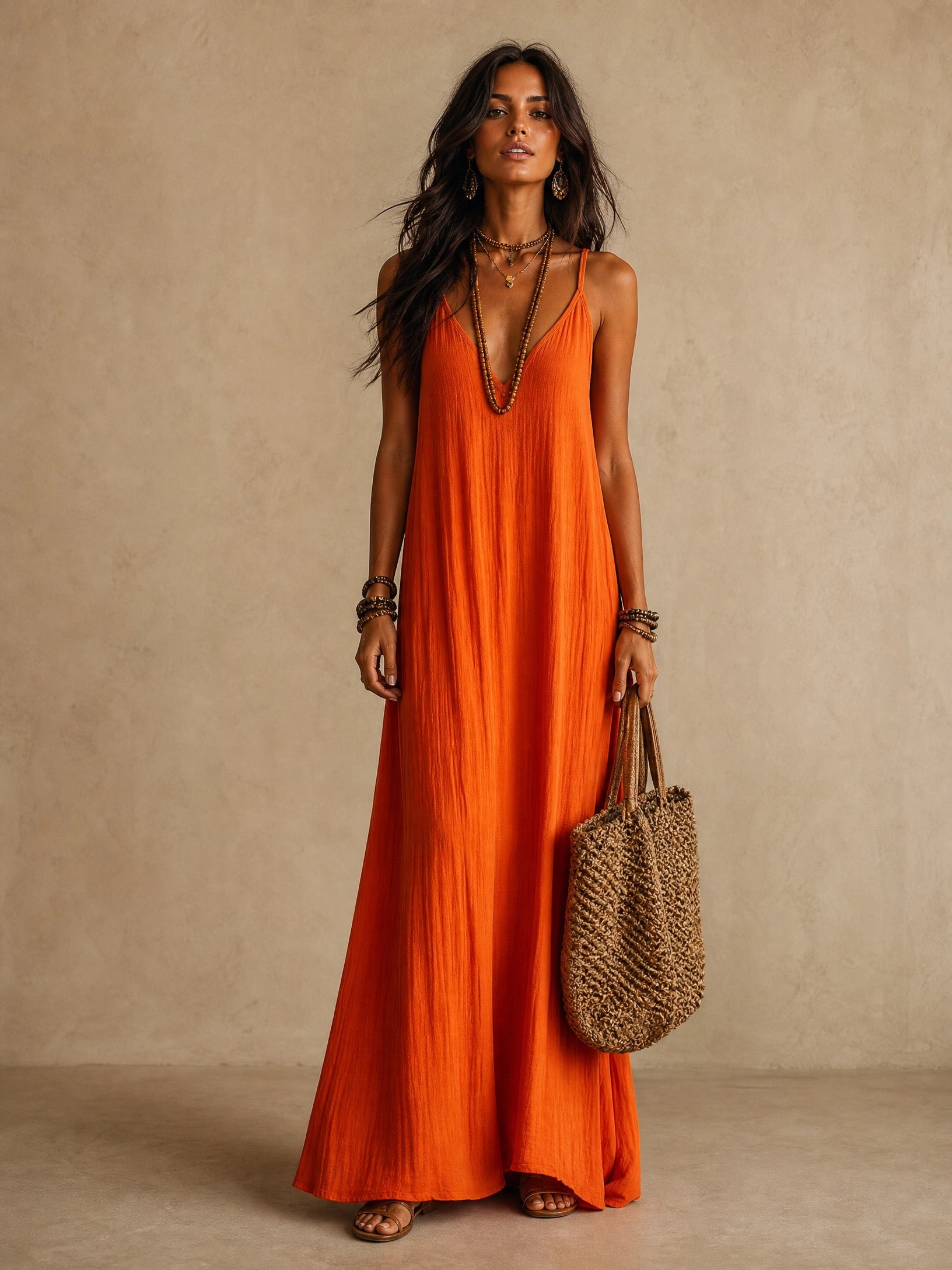 Aria Boho Cami Maxi Dress - Sunset Orange