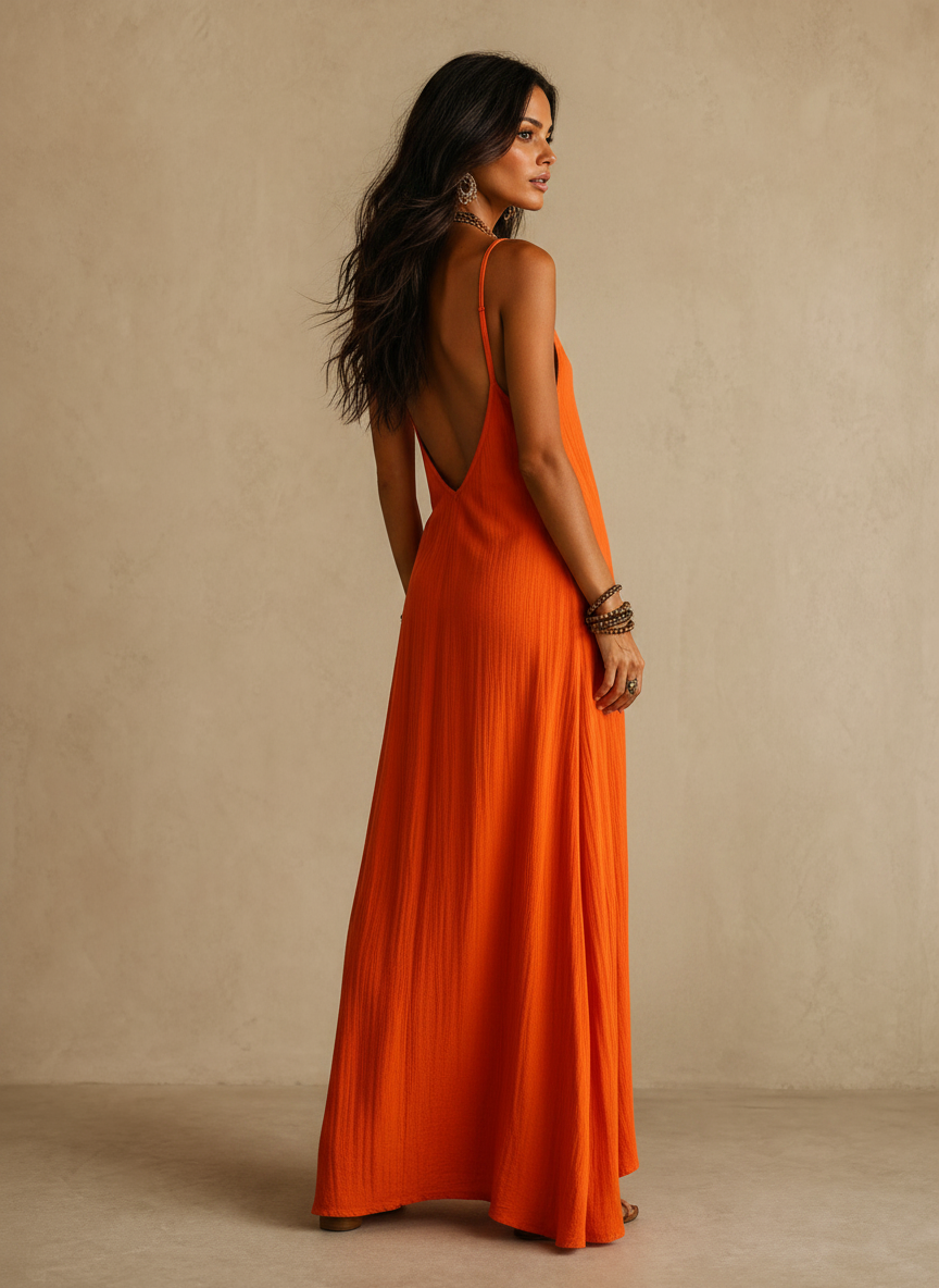 Aria Boho Cami Maxi Dress - Sunset Orange
