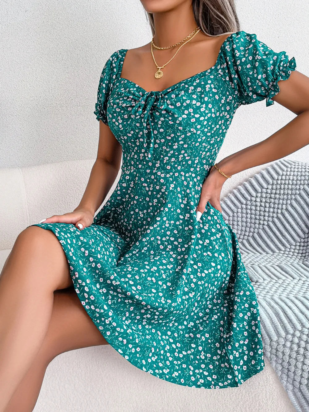 Summer Floral Print Short Dress Bufftrly Sleeve Retro Women'S Dresses Fashion Casual Square Neck Tunic Beach Dress Elegant Chic