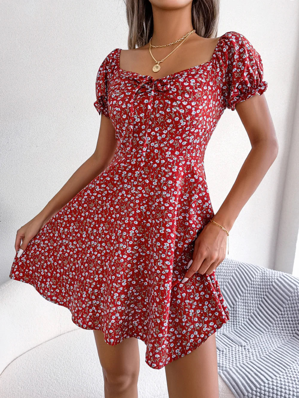 Summer Floral Print Short Dress Bufftrly Sleeve Retro Women'S Dresses Fashion Casual Square Neck Tunic Beach Dress Elegant Chic