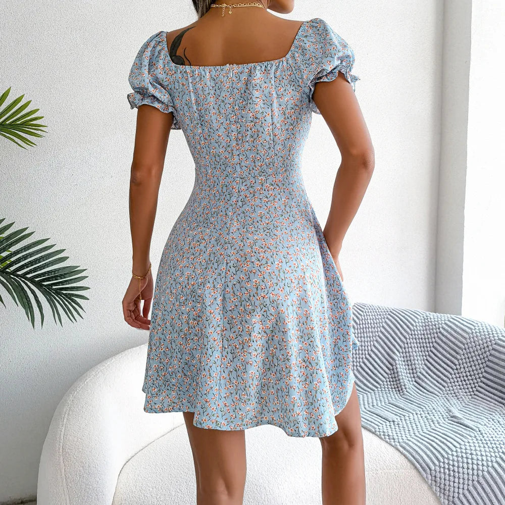 Summer Floral Print Short Dress Bufftrly Sleeve Retro Women'S Dresses Fashion Casual Square Neck Tunic Beach Dress Elegant Chic