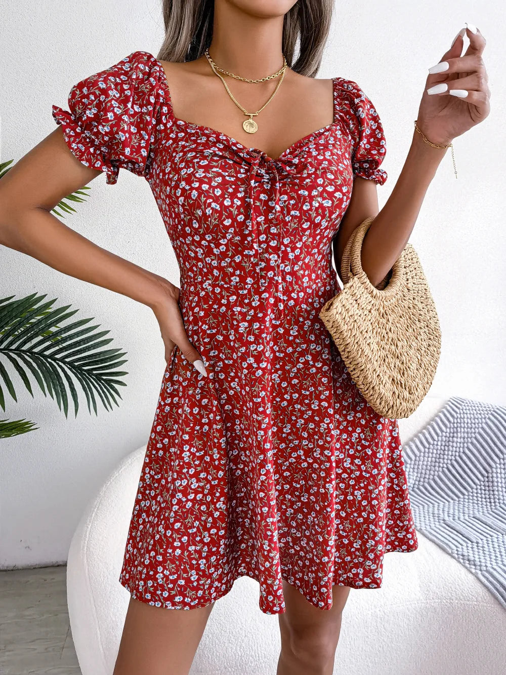 Summer Floral Print Short Dress Bufftrly Sleeve Retro Women'S Dresses Fashion Casual Square Neck Tunic Beach Dress Elegant Chic