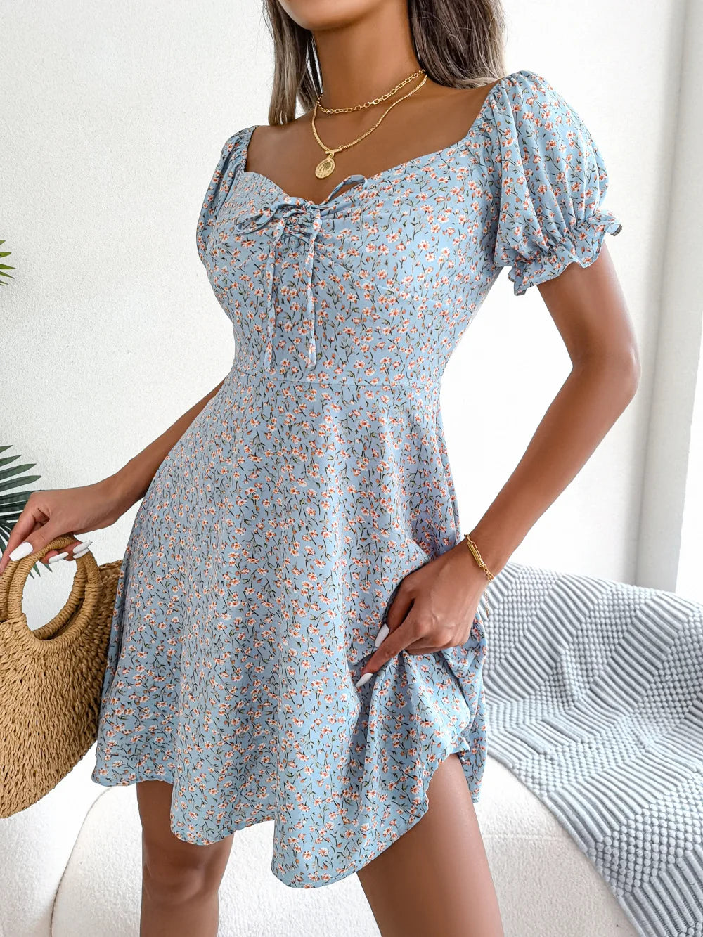 Summer Floral Print Short Dress Bufftrly Sleeve Retro Women'S Dresses Fashion Casual Square Neck Tunic Beach Dress Elegant Chic