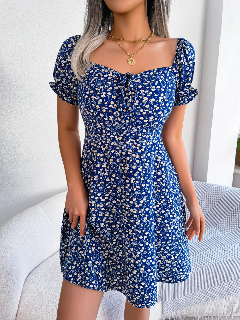 Summer Floral Print Short Dress Bufftrly Sleeve Retro Women'S Dresses Fashion Casual Square Neck Tunic Beach Dress Elegant Chic
