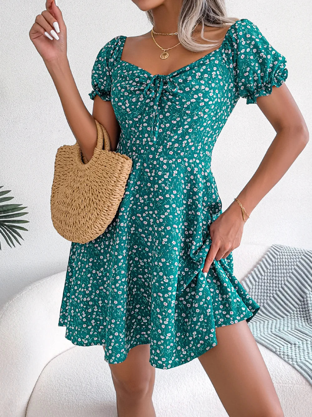 Summer Floral Print Short Dress Bufftrly Sleeve Retro Women'S Dresses Fashion Casual Square Neck Tunic Beach Dress Elegant Chic