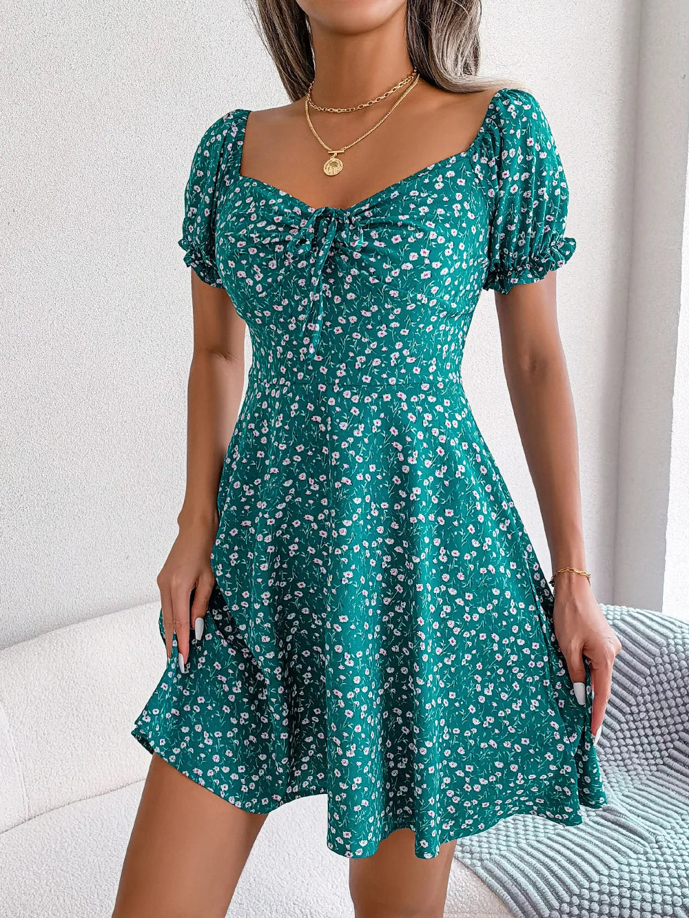 Summer Floral Print Short Dress Bufftrly Sleeve Retro Women'S Dresses Fashion Casual Square Neck Tunic Beach Dress Elegant Chic