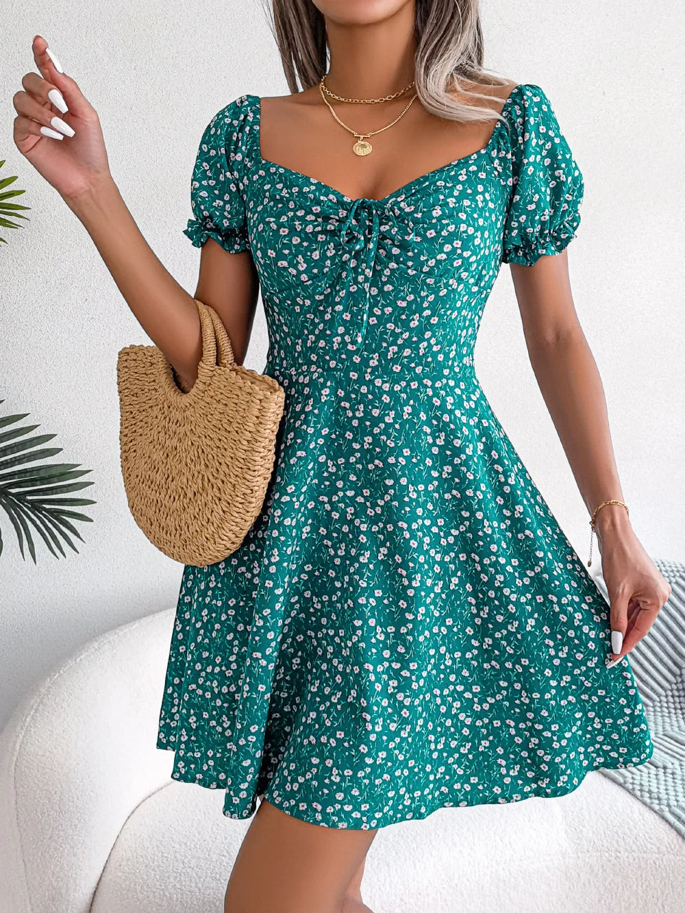 Summer Floral Print Short Dress Bufftrly Sleeve Retro Women'S Dresses Fashion Casual Square Neck Tunic Beach Dress Elegant Chic