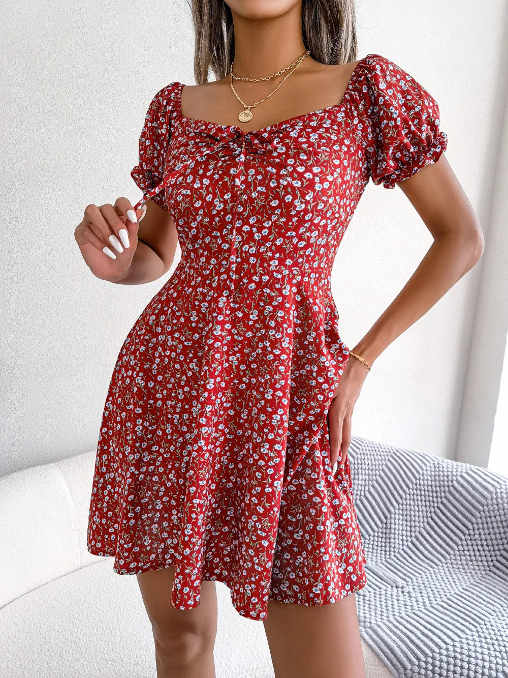 Summer Floral Print Short Dress Bufftrly Sleeve Retro Women'S Dresses Fashion Casual Square Neck Tunic Beach Dress Elegant Chic