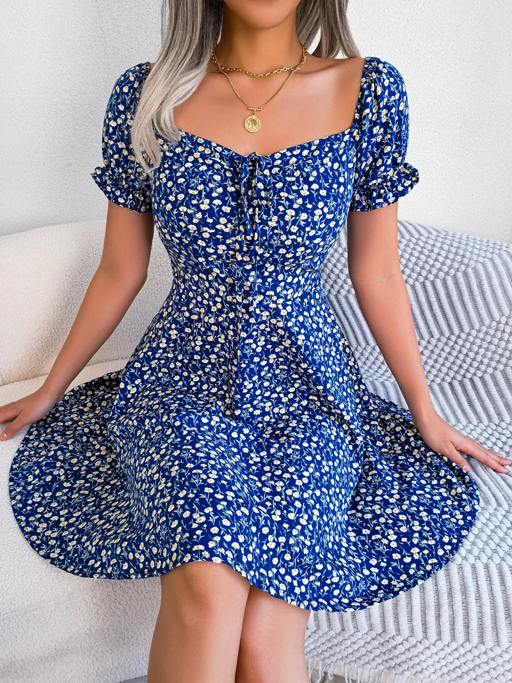 Summer Floral Print Short Dress Bufftrly Sleeve Retro Women'S Dresses Fashion Casual Square Neck Tunic Beach Dress Elegant Chic