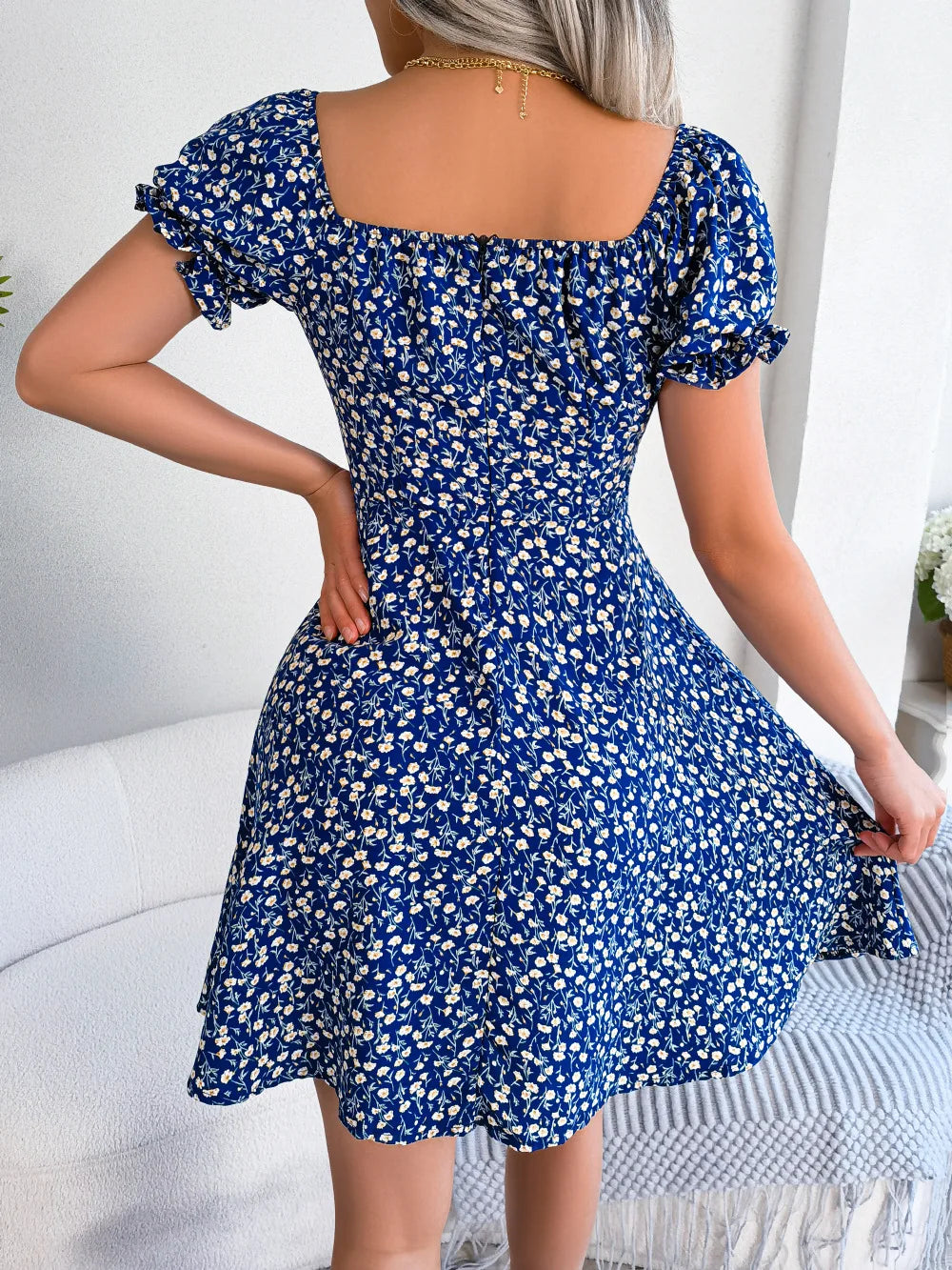Summer Floral Print Short Dress Bufftrly Sleeve Retro Women'S Dresses Fashion Casual Square Neck Tunic Beach Dress Elegant Chic