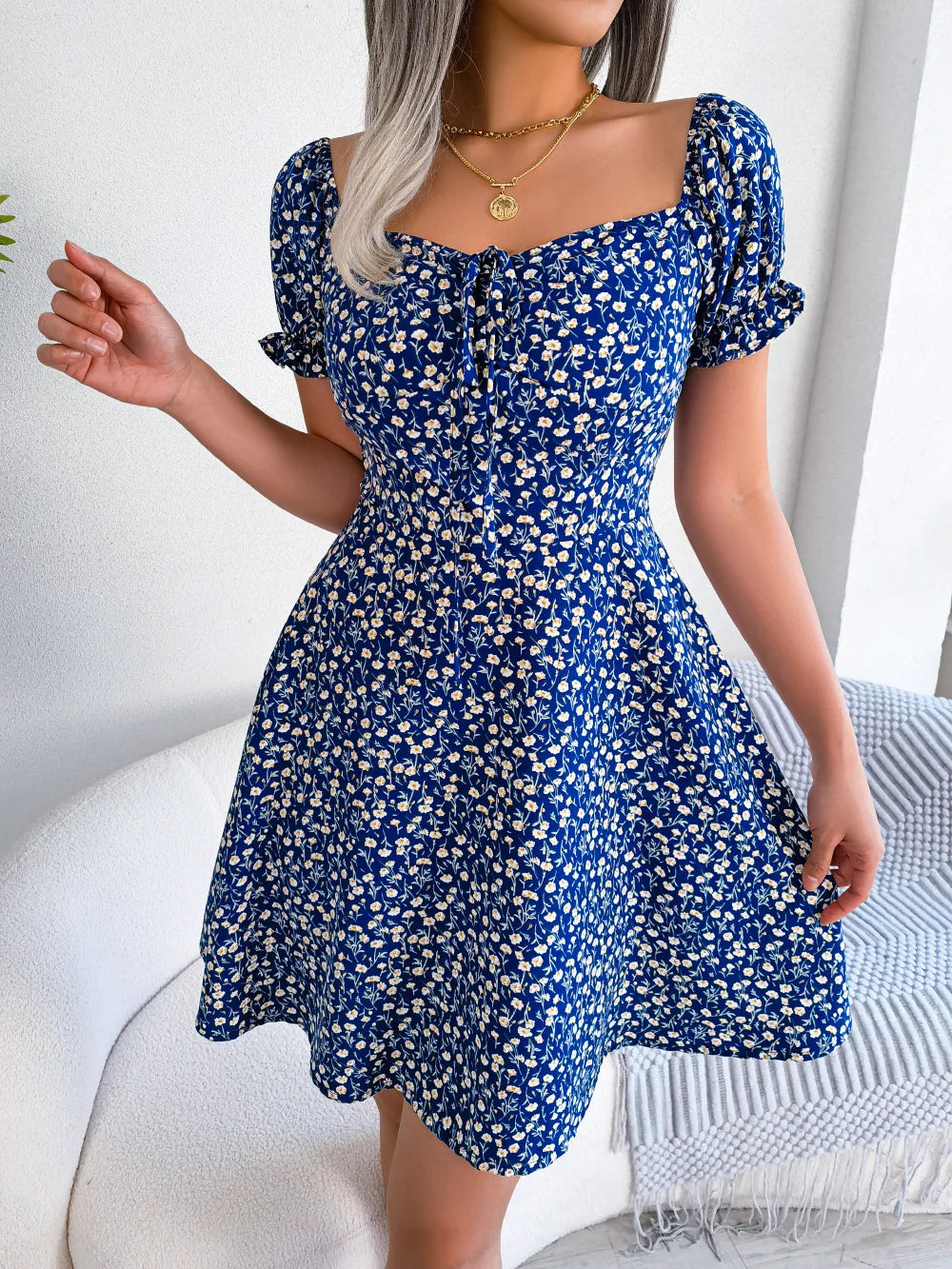 Summer Floral Print Short Dress Bufftrly Sleeve Retro Women'S Dresses Fashion Casual Square Neck Tunic Beach Dress Elegant Chic