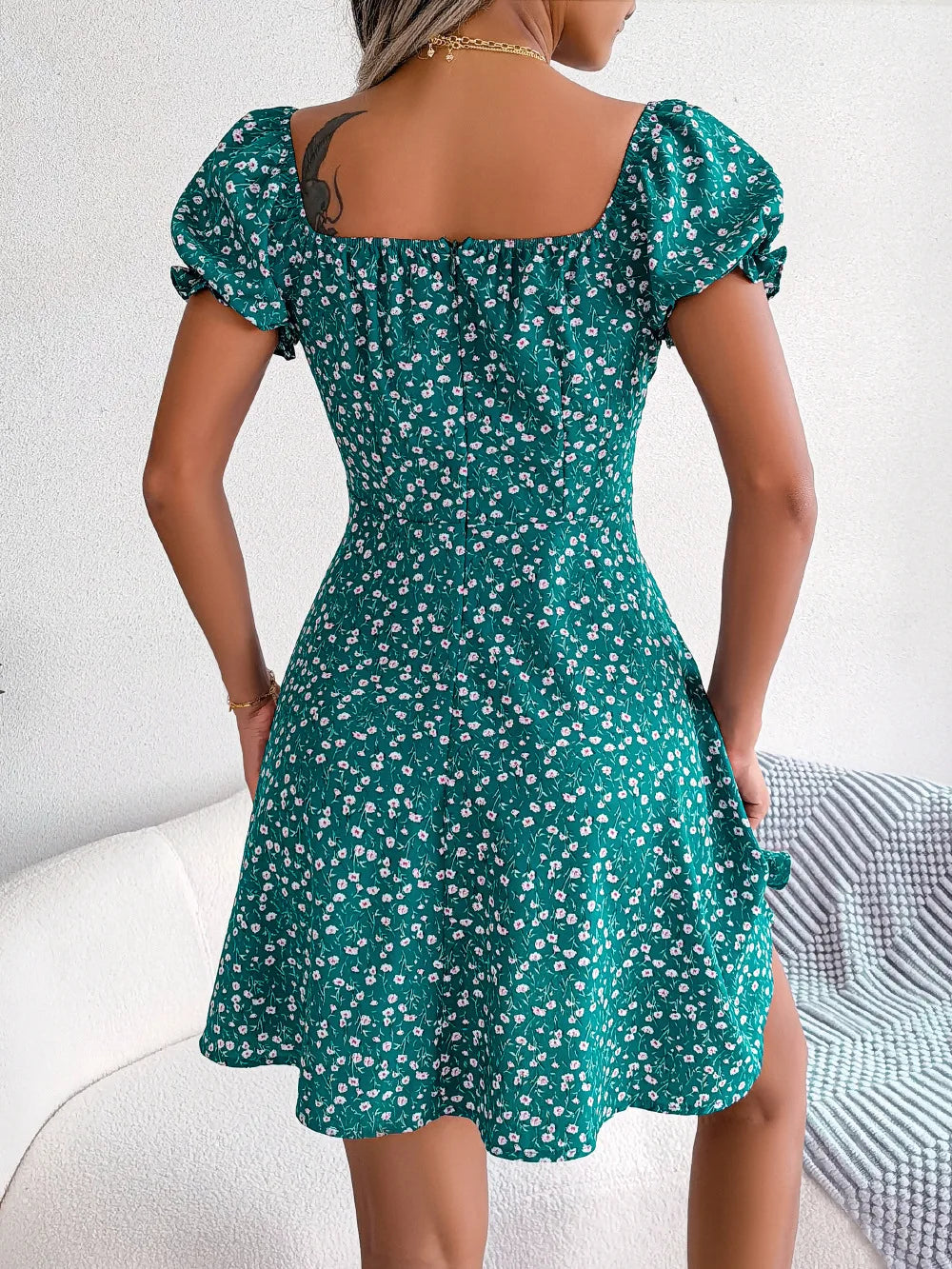 Summer Floral Print Short Dress Bufftrly Sleeve Retro Women'S Dresses Fashion Casual Square Neck Tunic Beach Dress Elegant Chic
