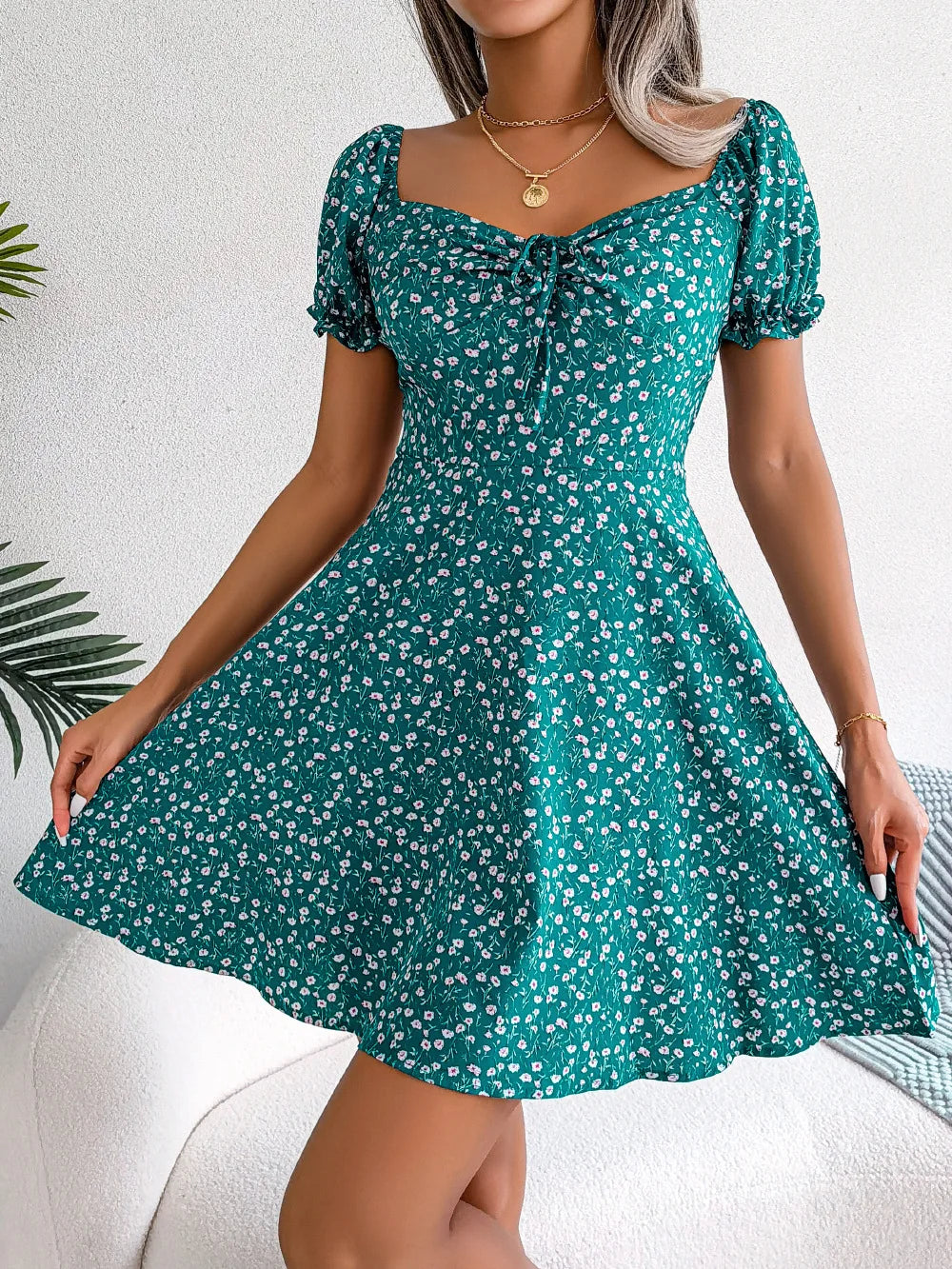 Summer Floral Print Short Dress Bufftrly Sleeve Retro Women'S Dresses Fashion Casual Square Neck Tunic Beach Dress Elegant Chic