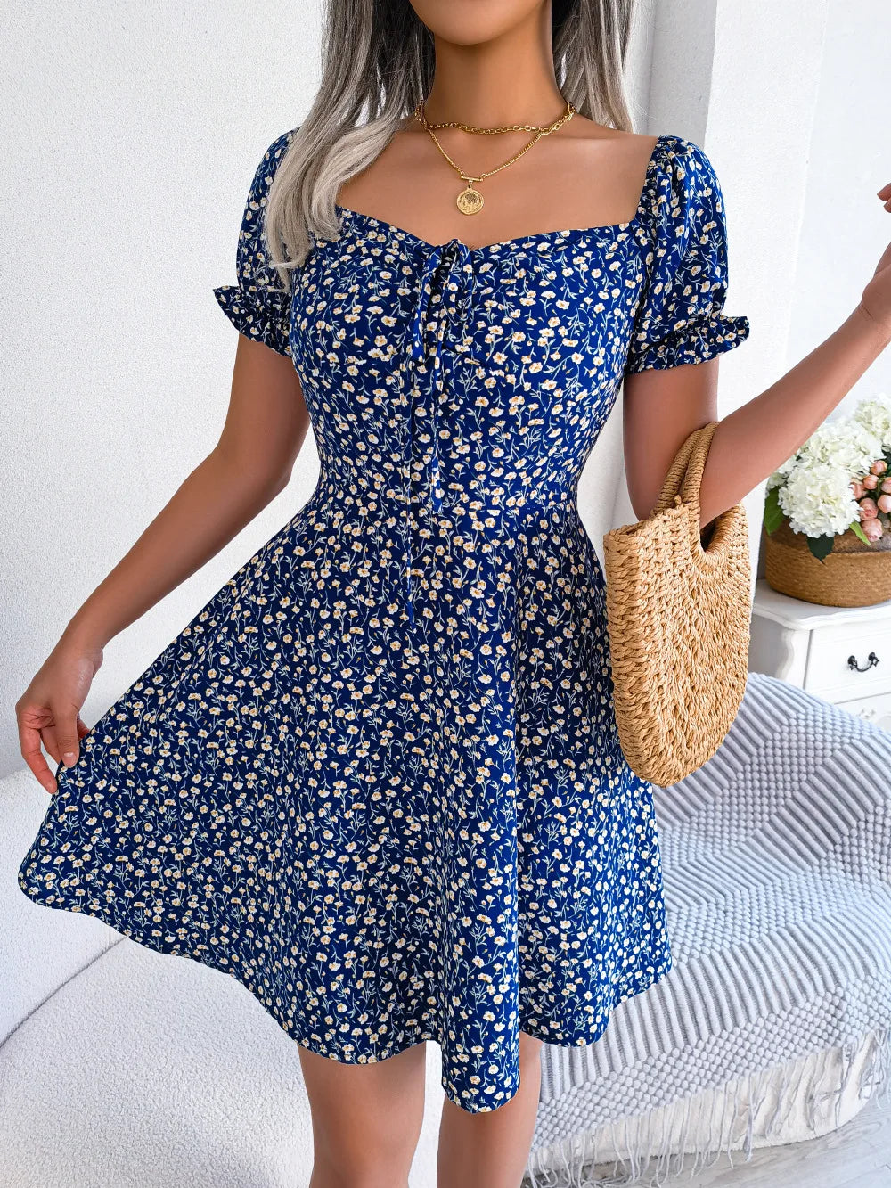 Summer Floral Print Short Dress Bufftrly Sleeve Retro Women'S Dresses Fashion Casual Square Neck Tunic Beach Dress Elegant Chic