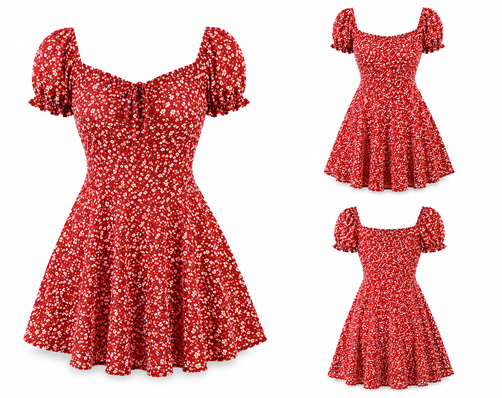 Isla Flora Puff Sleeve Mini Dress-Ruby Red