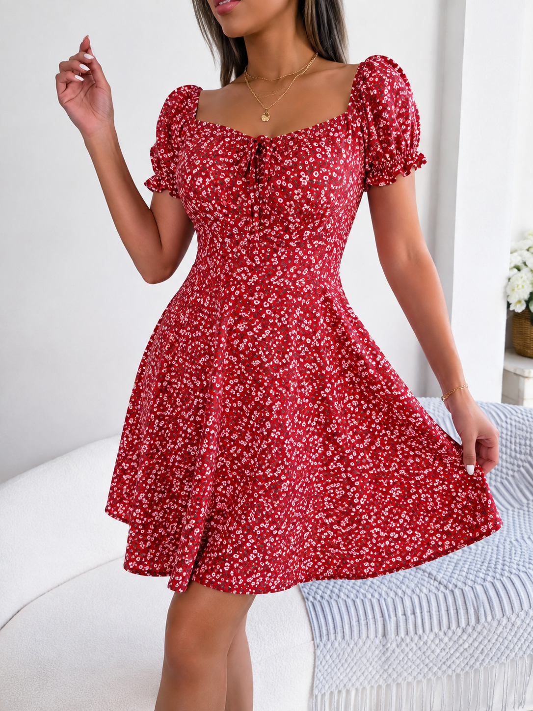 Isla Flora Puff Sleeve Mini Dress-Ruby Red