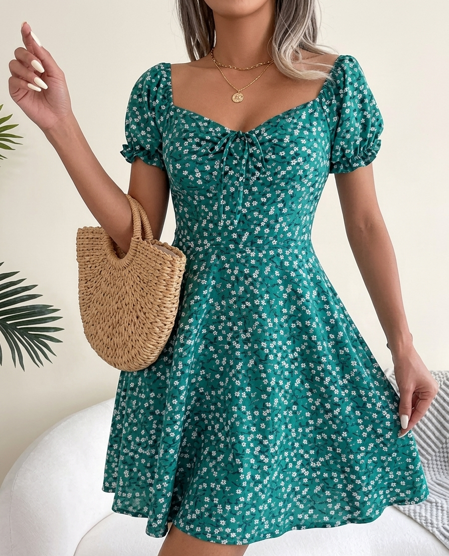 Isla Flora Puff Sleeve Mini Dress-Ruby Red